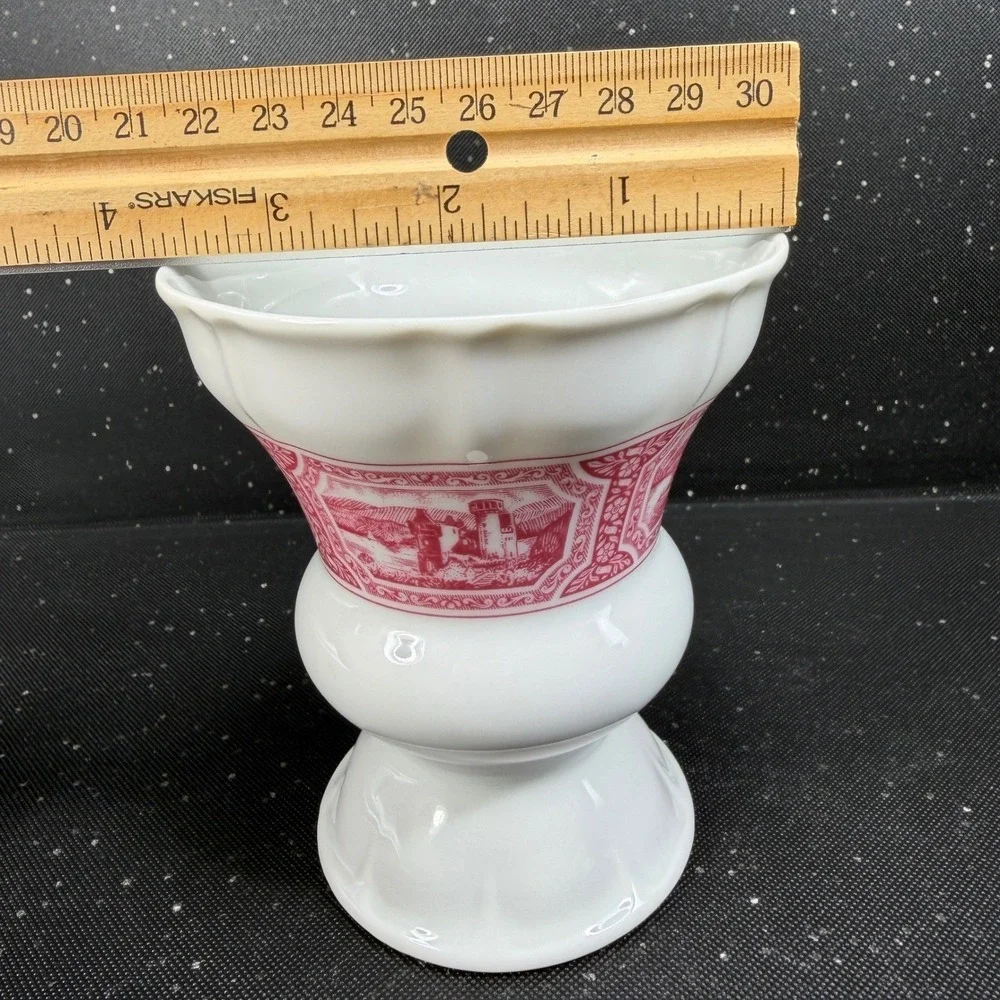 Heinrich Germany Porcelain Vase Pink White Scenic Transferware Castle 4.5Inch